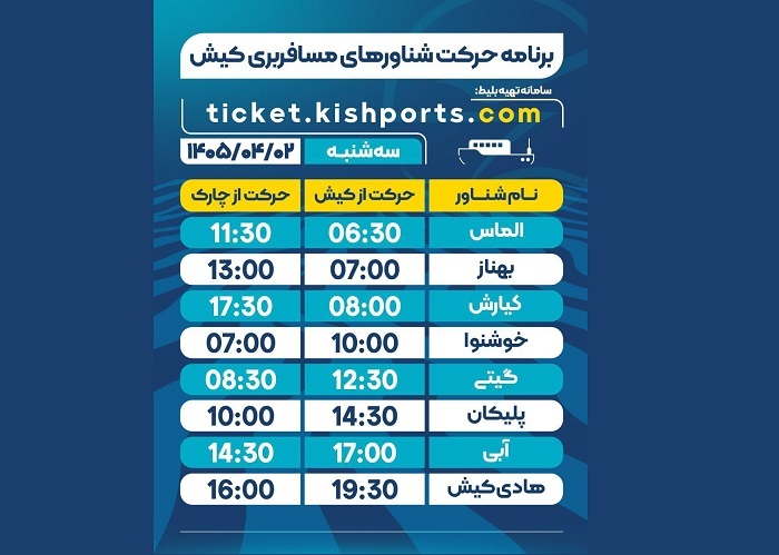 برنامه حرکت شناورهای مسافربری و حمل خودرو کیش، سه شنبه دوم تیر برنامه حرکت شناورهای مسافربری و حمل خودرو کیش، سه شنبه دوم تیر